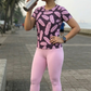 Sweet Leaf Print | Activewear Coord Set Tshirt With Tummy Tuck Pink Leggings | Multi Sport | Odour Free