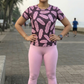 Sweet Leaf Print | Activewear Coord Set Tshirt With Tummy Tuck Pink Leggings | Multi Sport | Odour Free