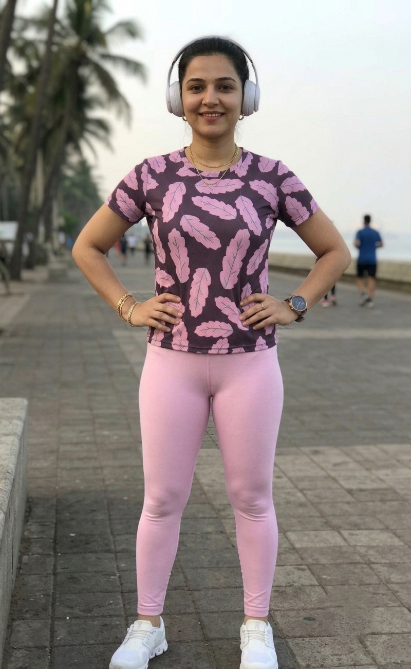 Sweet Leaf Print | Activewear Coord Set Tshirt With Tummy Tuck Pink Leggings | Multi Sport | Odour Free