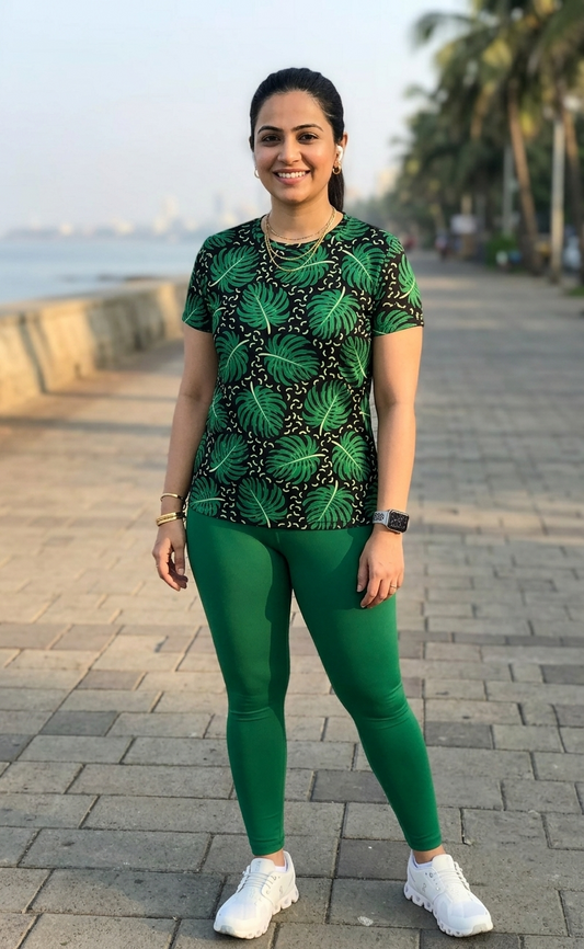 Nature Inspired Leaf Print | Activewear Coord Set Tshirt With Tummy Tuck Green Leggings | Multi Sport | Odour Free
