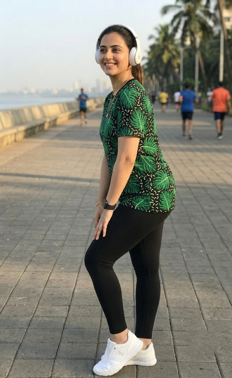 Nature Inspired Leaf Print | Activewear Coord Set Tshirt With Tummy Tuck Black Leggings | Multi Sport | Odour Free