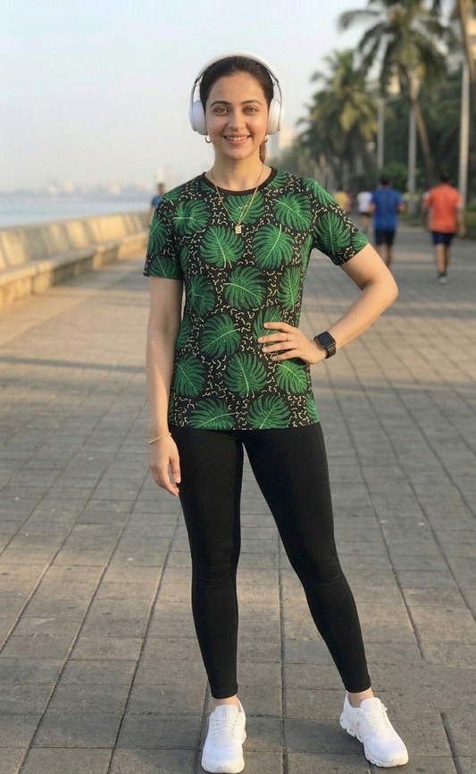 Nature Inspired Leaf Print | Activewear Coord Set Tshirt With Tummy Tuck Black Leggings | Multi Sport | Odour Free