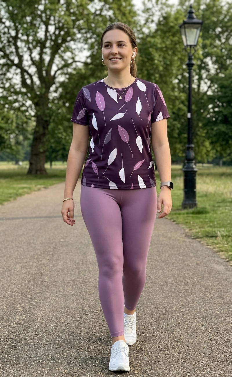 Pleasing Leaf Print | Activewear Coord Set Tshirt With Tummy Tuck Purple Leggings | Multi Sport | Odour Free