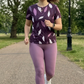 Pleasing Leaf Print | Activewear Coord Set Tshirt With Tummy Tuck Purple Leggings | Multi Sport | Odour Free