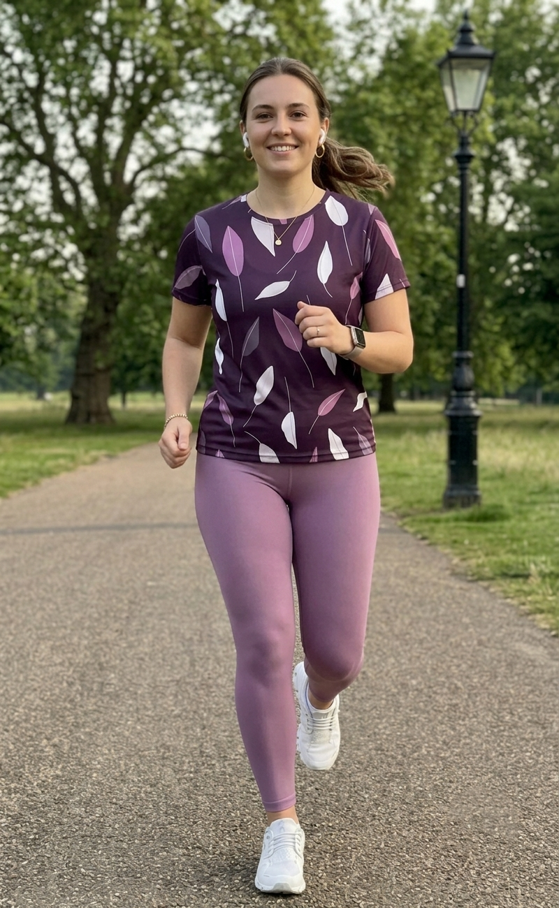 Pleasing Leaf Print | Activewear Coord Set Tshirt With Tummy Tuck Purple Leggings | Multi Sport | Odour Free
