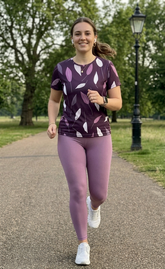 Pleasing Leaf Print | Activewear Coord Set Tshirt With Tummy Tuck Purple Leggings | Multi Sport | Odour Free