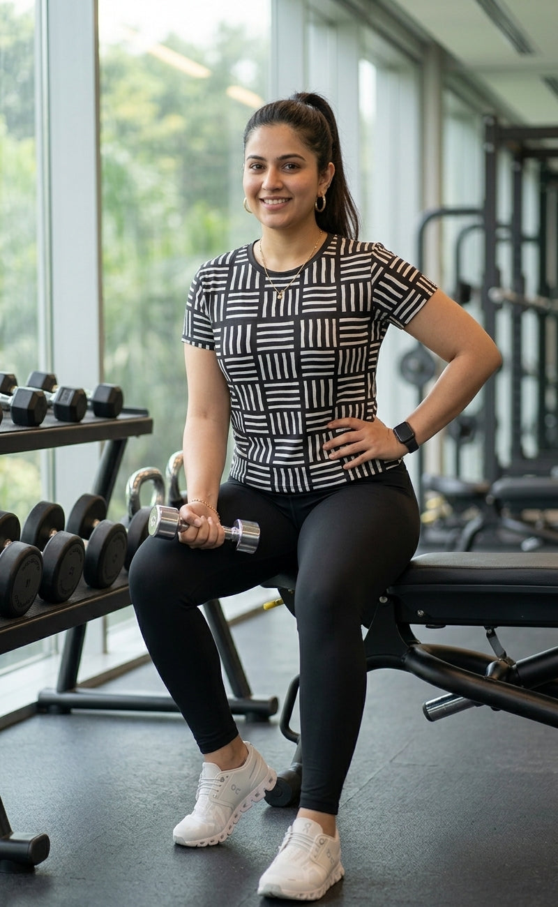 Sophisticated Geometric Print | Activewear Coord Set Tshirt With Tummy Tuck Black Leggings | Multi Sport | Odour Free