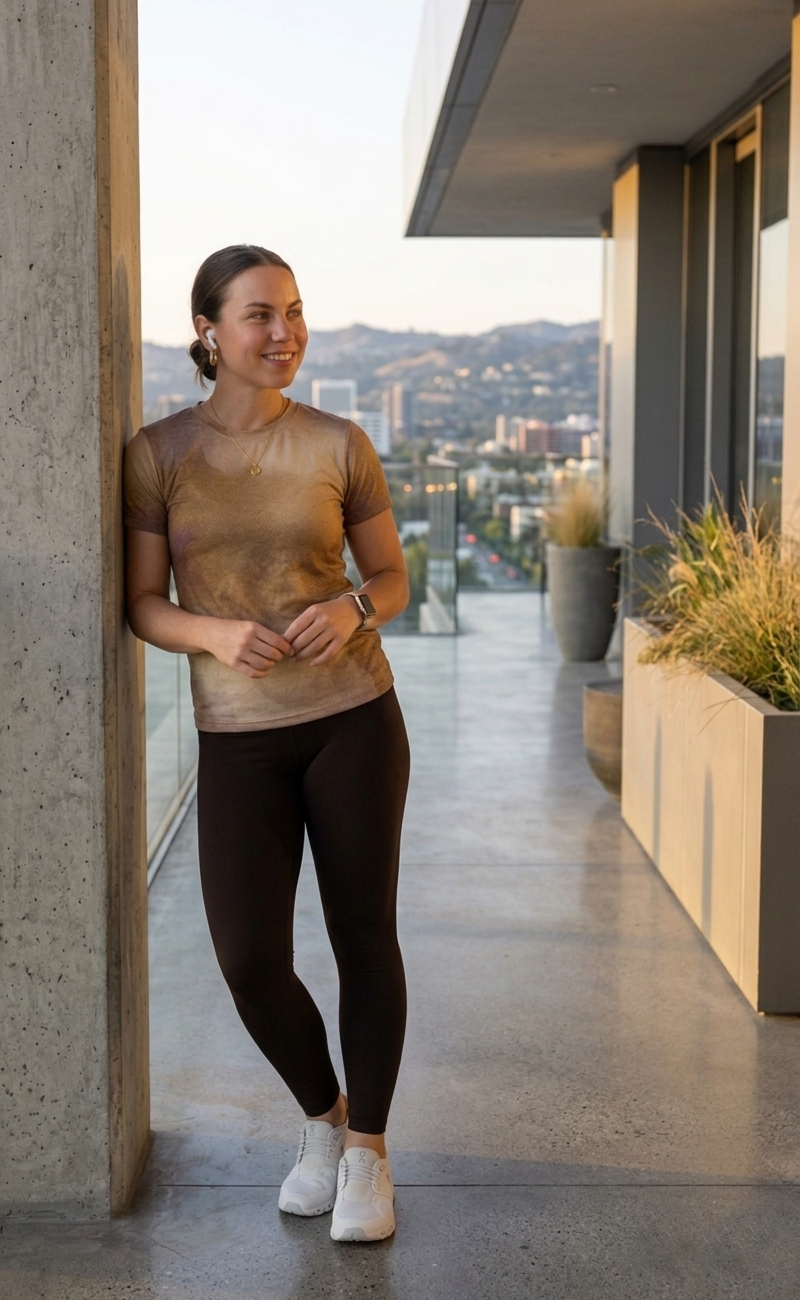Beautiful Brown Abstract Print | Activewear Coord Set Tshirt With Tummy Tuck Brown Leggings | Multi Sport | Odour Free