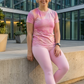 Adorable Pink Abstract Print | Activewear Coord Set Tshirt With Tummy Tuck Pink Leggings | Multi Sport | Odour Free