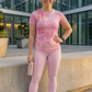 Adorable Pink Abstract Print | Activewear Coord Set Tshirt With Tummy Tuck Pink Leggings | Multi Sport | Odour Free