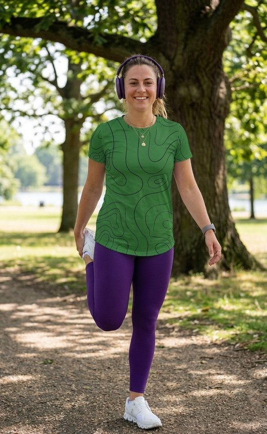 Vivid Green Waves Print | Activewear Coord Set Tshirt With Tummy Tuck Purple Leggings | Multi Sport | Odour Free