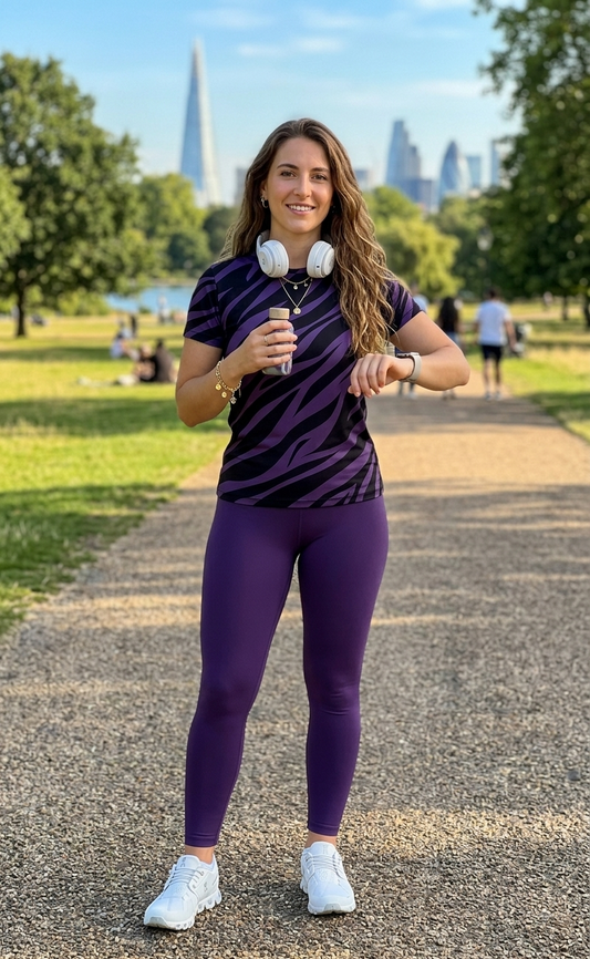 Chic Tiger Print | Activewear Coord Set Tshirt With Tummy Tuck Purple Leggings | Multi Sport | Odour Free