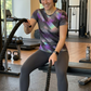 Geometric Pixel Print | Activewear Coord Set Tshirt With Tummy Tuck Grey Leggings | Multi Sport | Odour Free