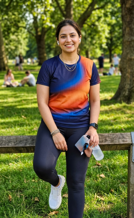 Bestselling Abstract Print | Activewear Coord Set Tshirt With Tummy Tuck Blue Leggings | Multi Sport | Odour Free