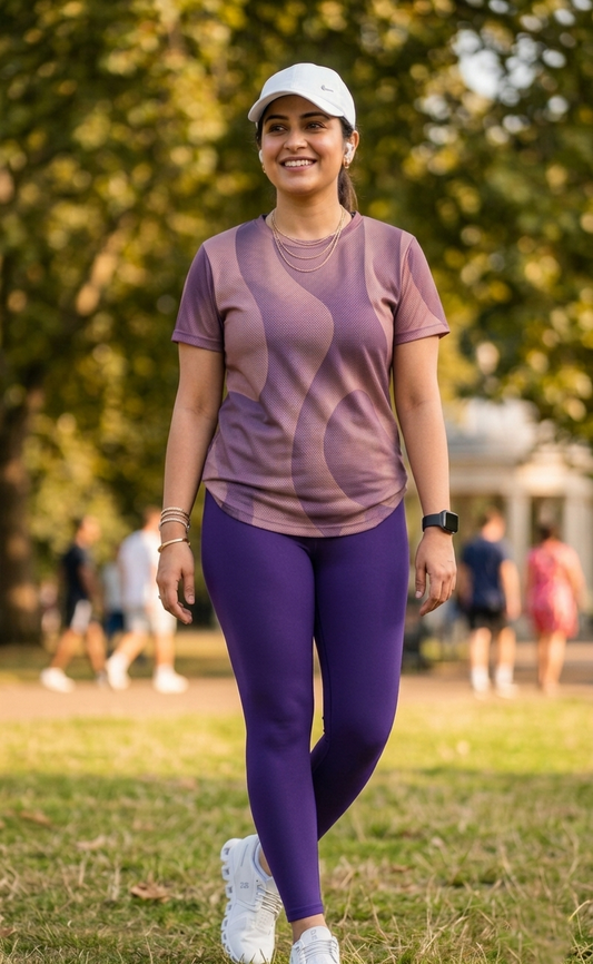 Posh Fluid Art Print | Activewear Coord Set Tshirt With Tummy Tuck Purple Leggings | Multi Sport | Odour Free