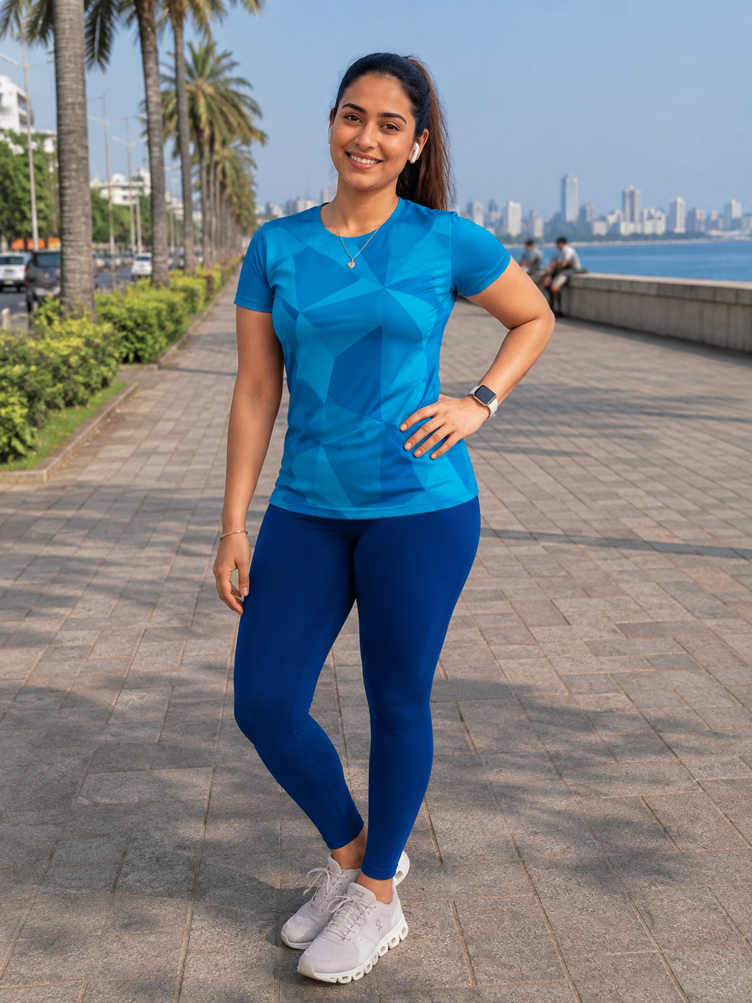 Neat Geometric Print | Activewear Coord Set Tshirt With Tummy Tuck Blue Leggings | Multi Sport | Odour Free