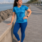 Neat Geometric Print | Activewear Coord Set Tshirt With Tummy Tuck Blue Leggings | Multi Sport | Odour Free