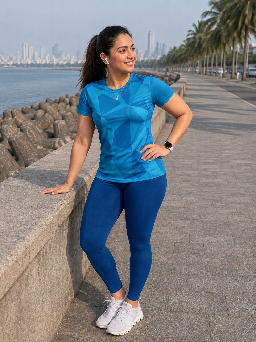 Neat Geometric Print | Activewear Coord Set Tshirt With Tummy Tuck Blue Leggings | Multi Sport | Odour Free