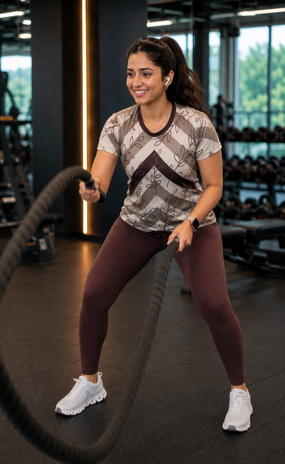 Geometric Brown Leaf Print | Activewear Coord Set Tshirt With Tummy Tuck Brown Leggings | Multi Sport | Odour Free