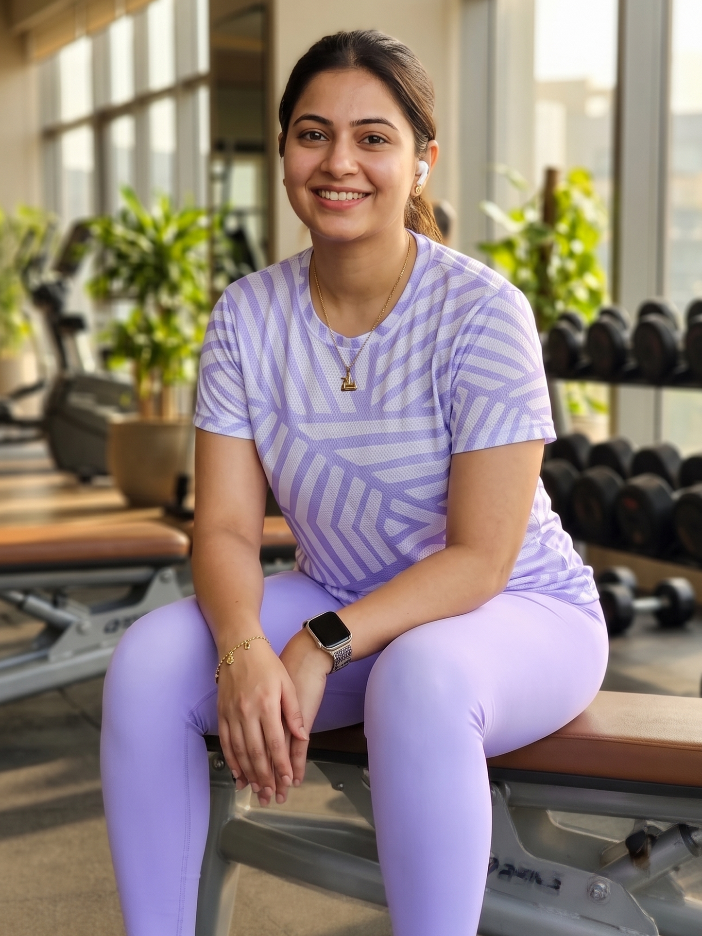 Sophisticated Geometric Print | Activewear Coord Set Tshirt With Tummy Tuck Purple Leggings | Multi Sport | Odour Free