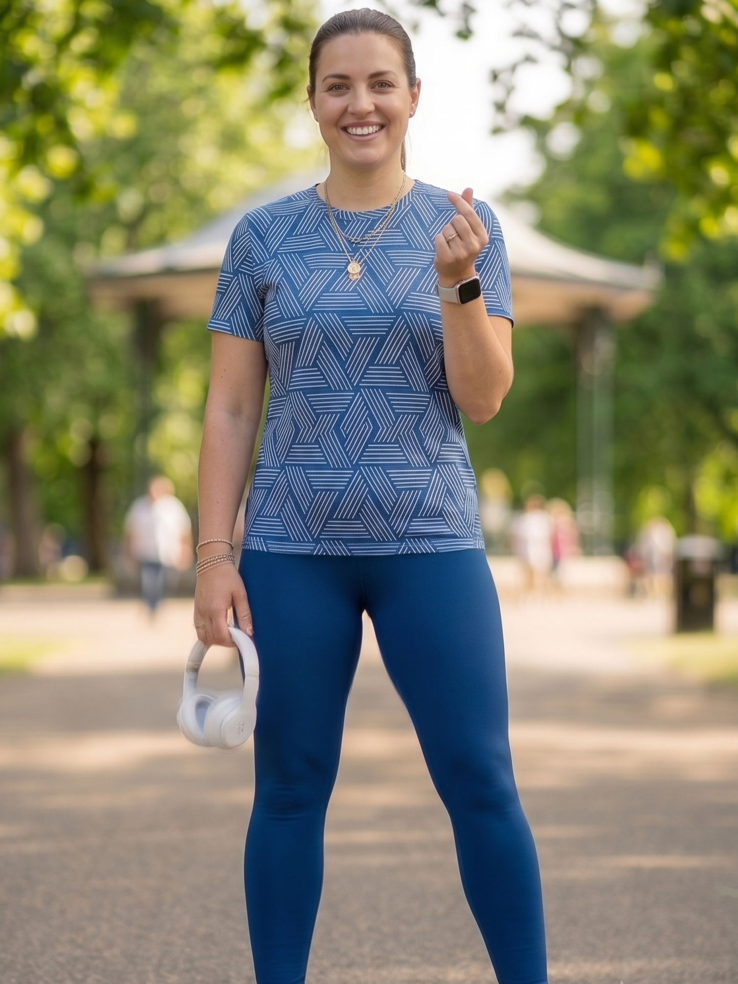 Sophisticated Geometric Print | Activewear Coord Set Tshirt With Tummy Tuck Blue Leggings | Multi Sport | Odour Free