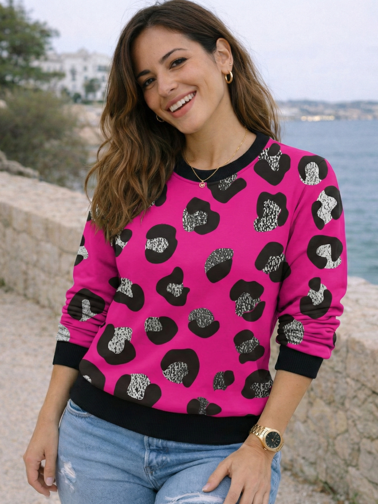 Georgian Vibe Leopard Print Pink Sweatshirt