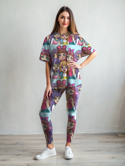 Wow! Girls Gang Selfie Print Premium Oversized Tee With Leggings Set