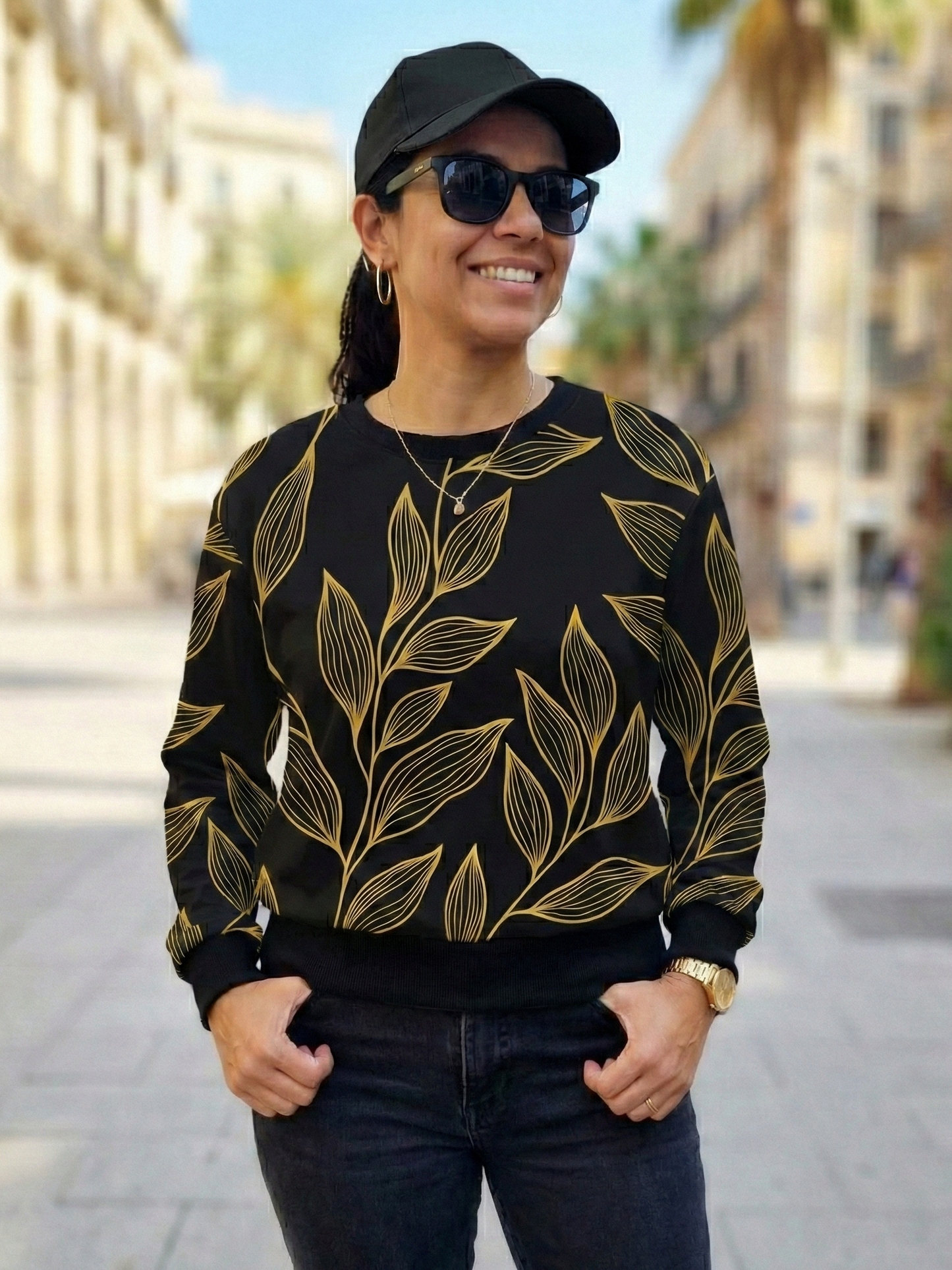 Greece Vibe Leaf Print Black Sweatshirt