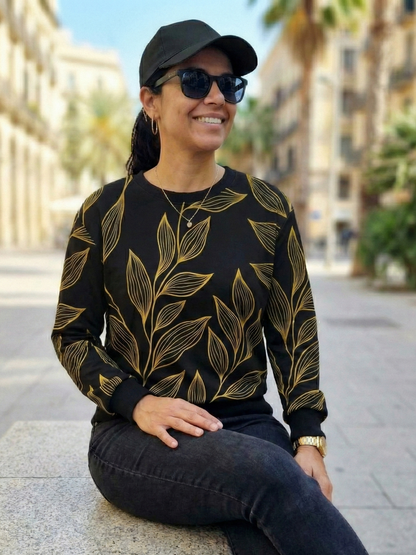 Greece Vibe Leaf Print Black Sweatshirt - Ships in 24 Hrs