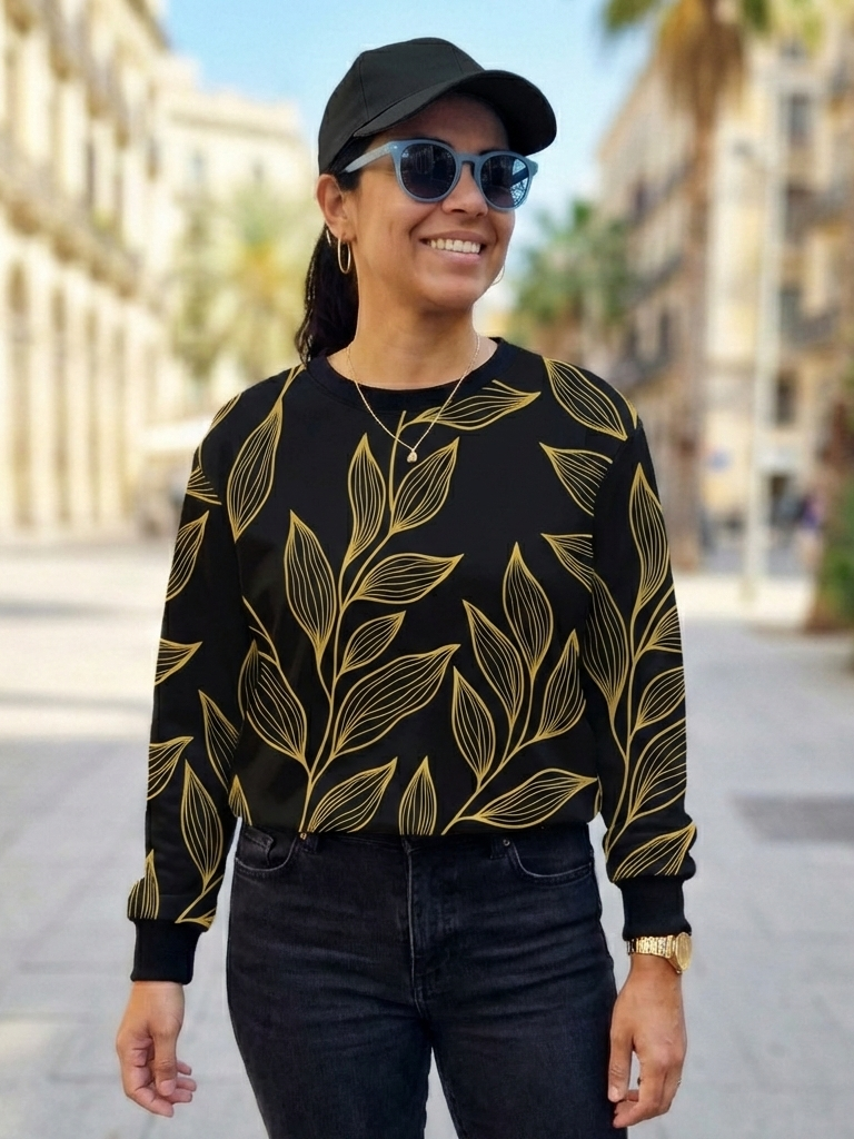 Greece Vibe Leaf Print Black Sweatshirt