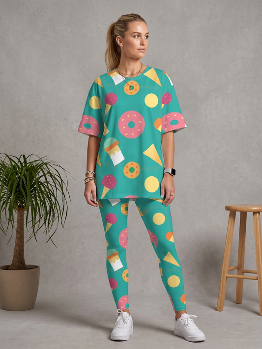 Yummy Donuts Ice-cream  Print Premium Oversized Tee With Tummy Tuck Body Shaping Leggings Co-ord Set XL - Ships in 24 Hrs