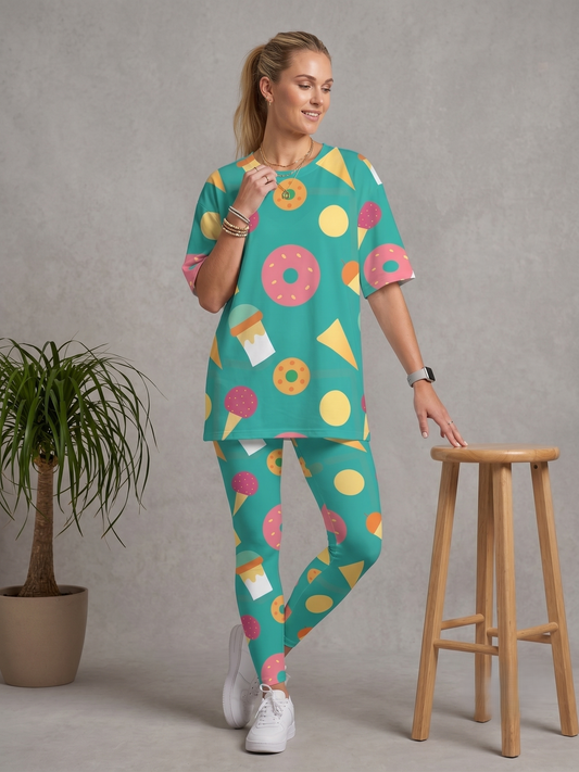 Yummy Donuts Ice-cream  Print Premium Oversized Tee With Tummy Tuck Body Shaping Leggings Co-ord Set M - Ships in 24 Hrs