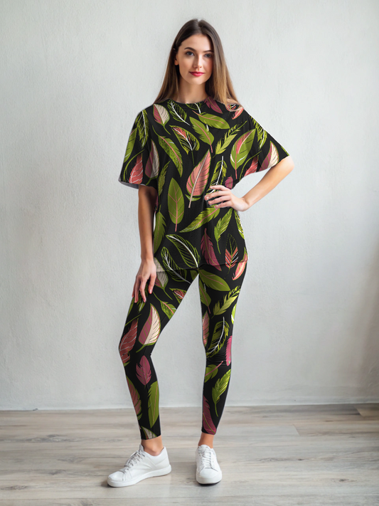 Serene Feather Print Premium Oversized Tee With Green Leggings Set