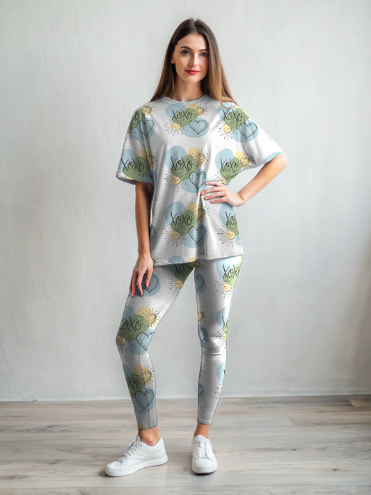 Sweet XOXO Print Premium Oversized Tee With Green Leggings Set