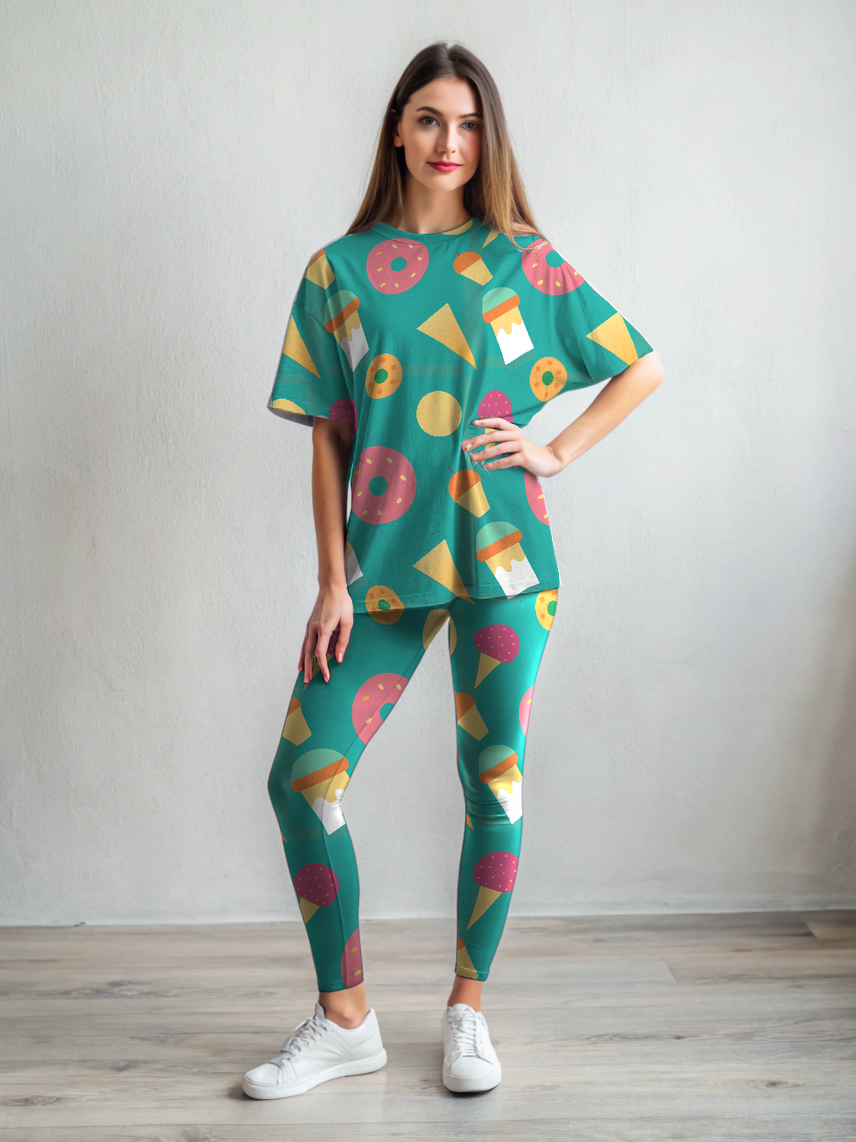 Yummy Donuts Ice-cream  Print Premium Oversized Tee With Tummy Tuck Body Shaping Leggings Co-ord Set
