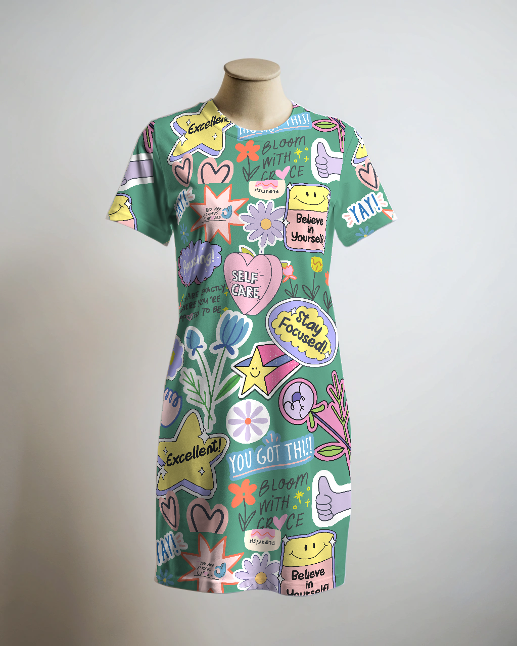 Quirky Stay Focussed  Print Green T Shirt Dress