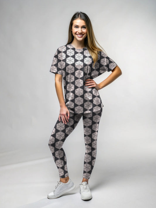 Trendy Hexagon Pink Print Premium Oversized Tee With Tummy Tuck Body Shaping Leggings Co-ord Set