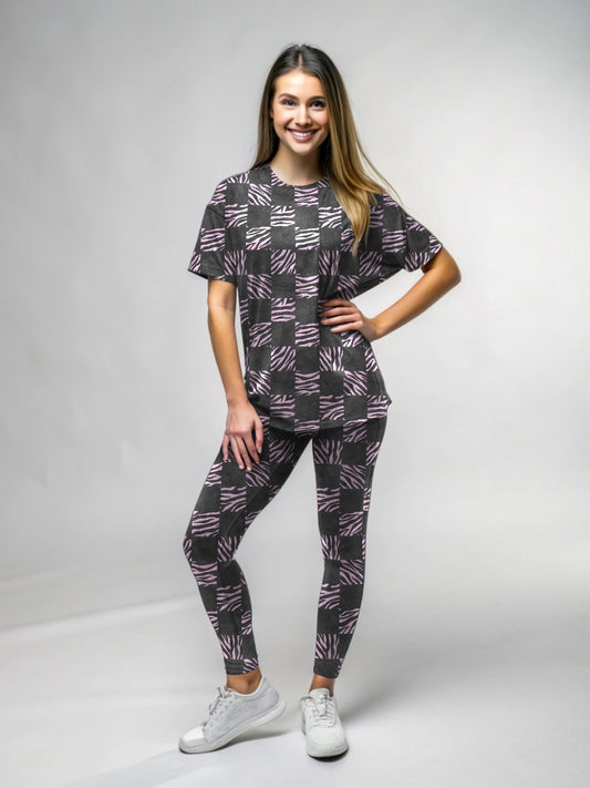 Hot New! Square Grid Print Premium Oversized Tee With Tummy Tuck Body Shaping Leggings Co-ord Set