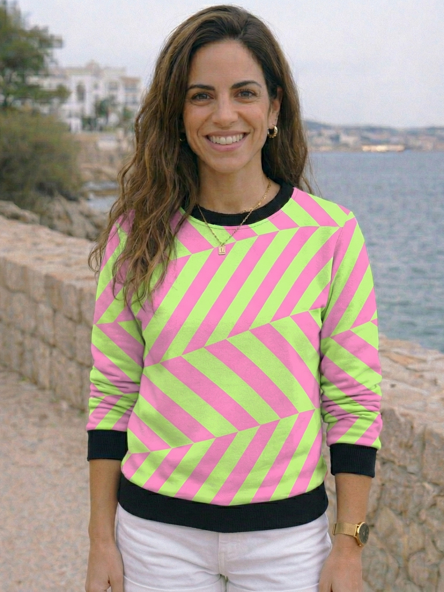 Smart Hot Pink Stripes Print Green Sweatshirt