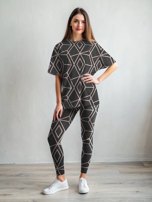 Hotselling Pastel Pink Lines on Brown Print Premium Oversized Tee With Tummy Tuck Body Shaping Leggings Co-ord Set