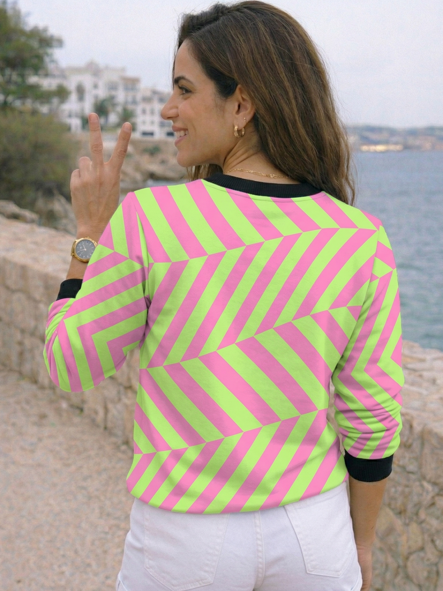 Smart Hot Pink Stripes Print Green Sweatshirt