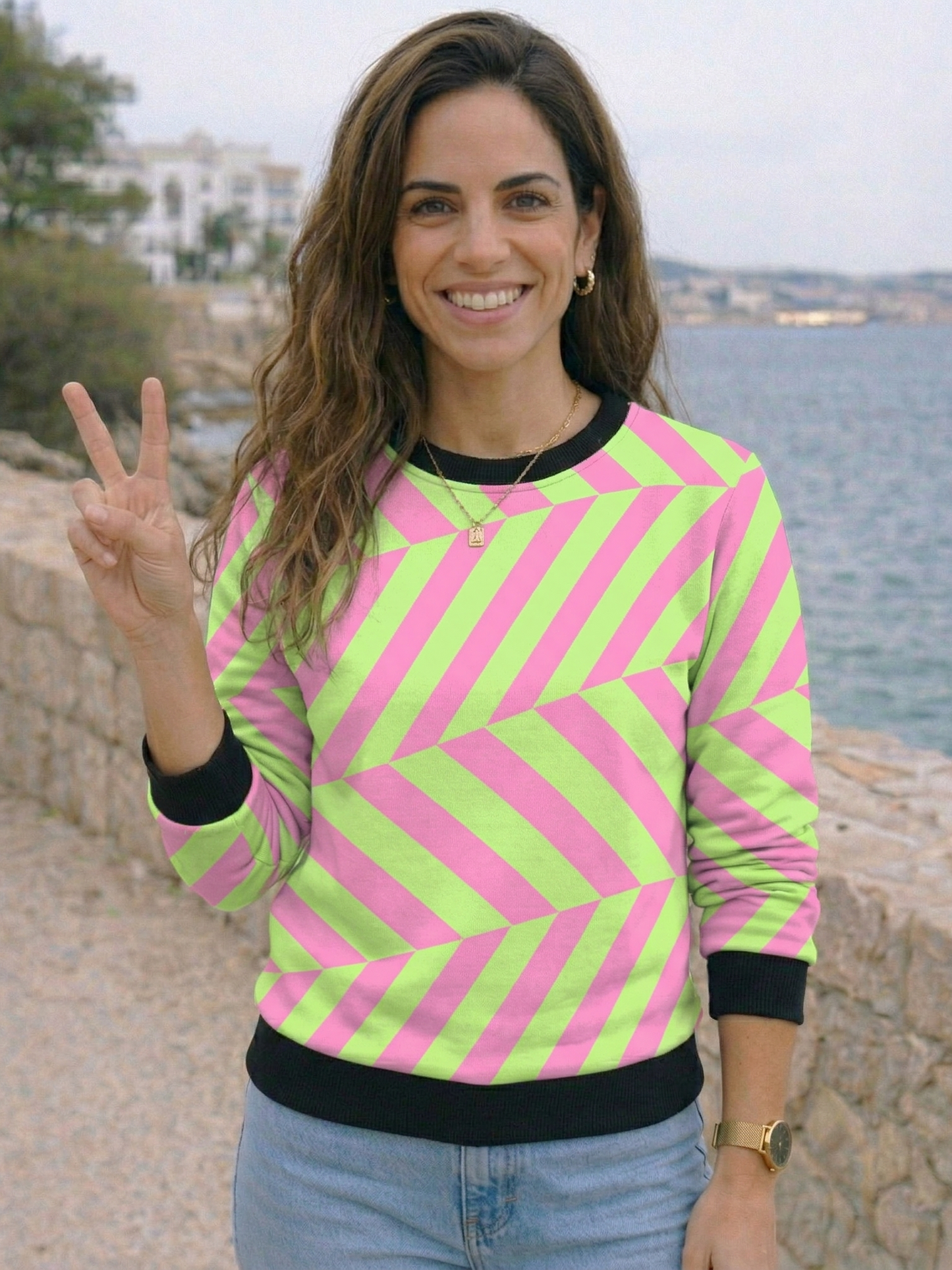 Smart Hot Pink Stripes Print Green Sweatshirt