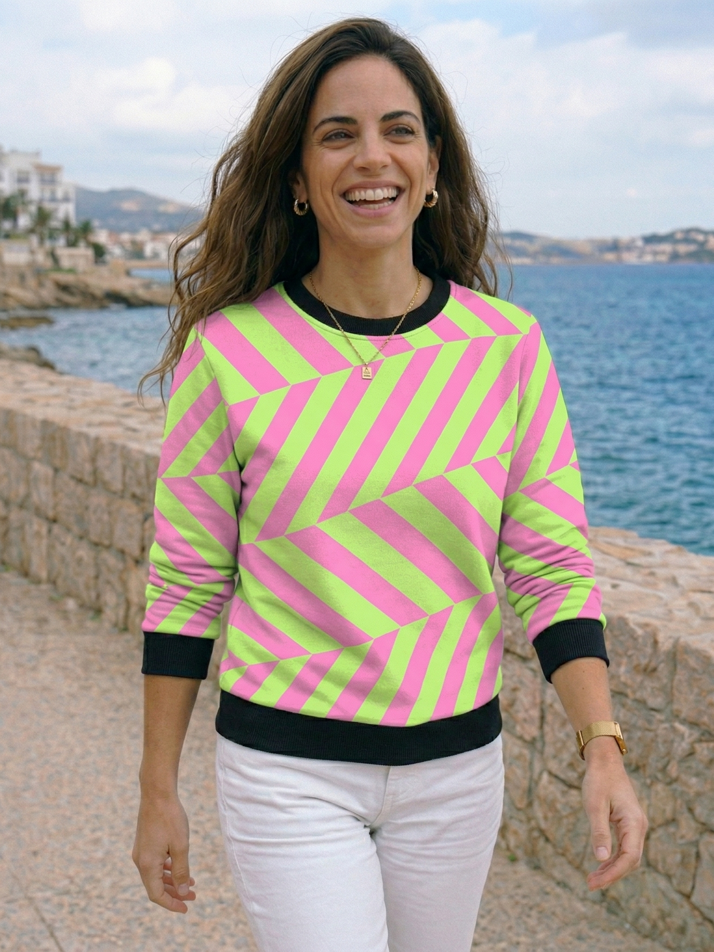 Smart Hot Pink Stripes Print Green Sweatshirt