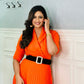 Elegant Solid Pleated Long Sleeve Orange Dress