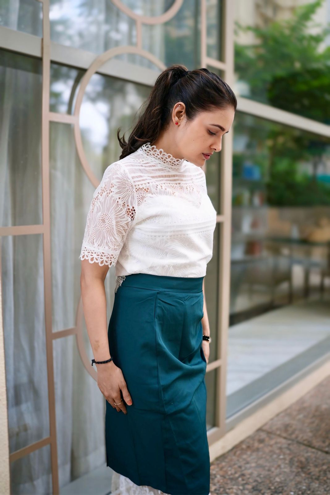 Polished White Lace Top With Skirt Co ord Set