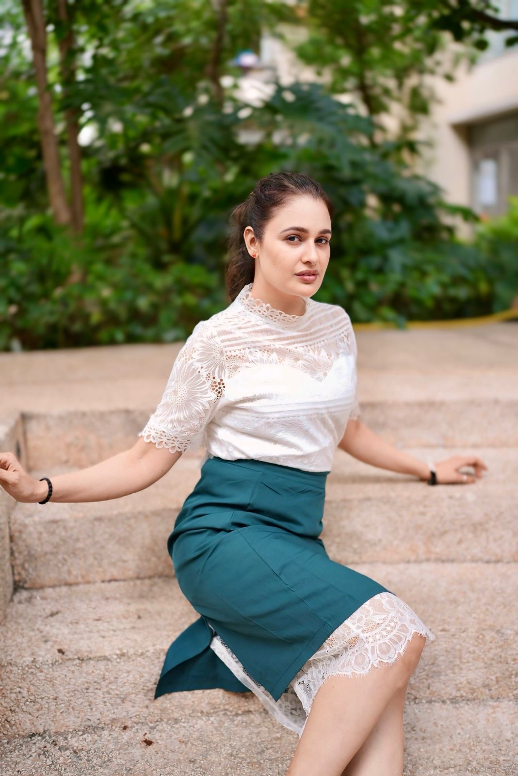 Polished White Lace Top With Skirt Co ord Set