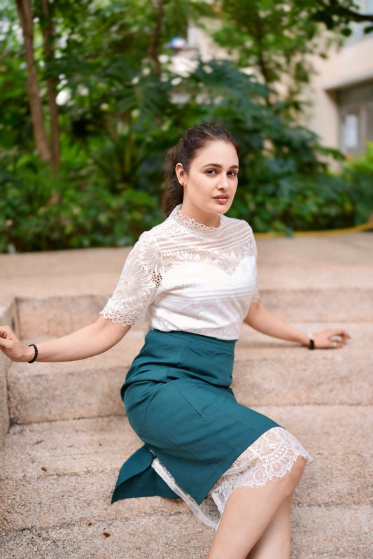 Polished White Lace Top With Skirt Co ord Set