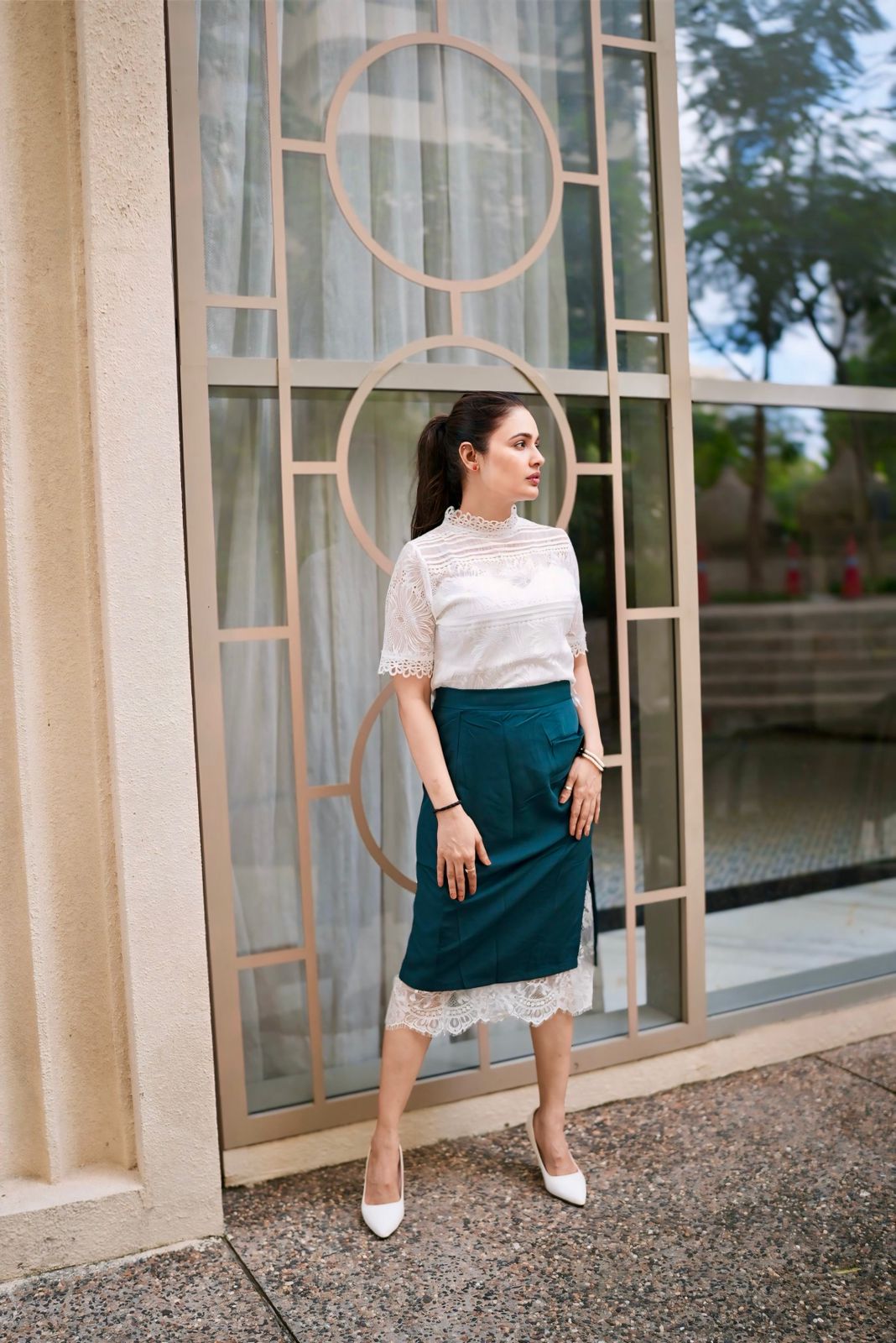 Polished White Lace Top With Skirt Co ord Set