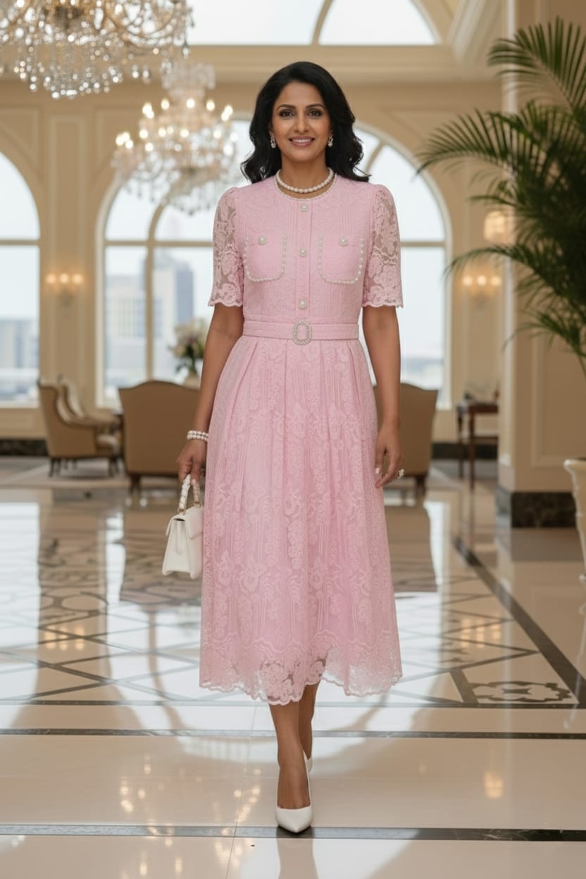 Fabulous Floral Crochet Hollow Out Pink Party Dress - Ships in 24 Hrs