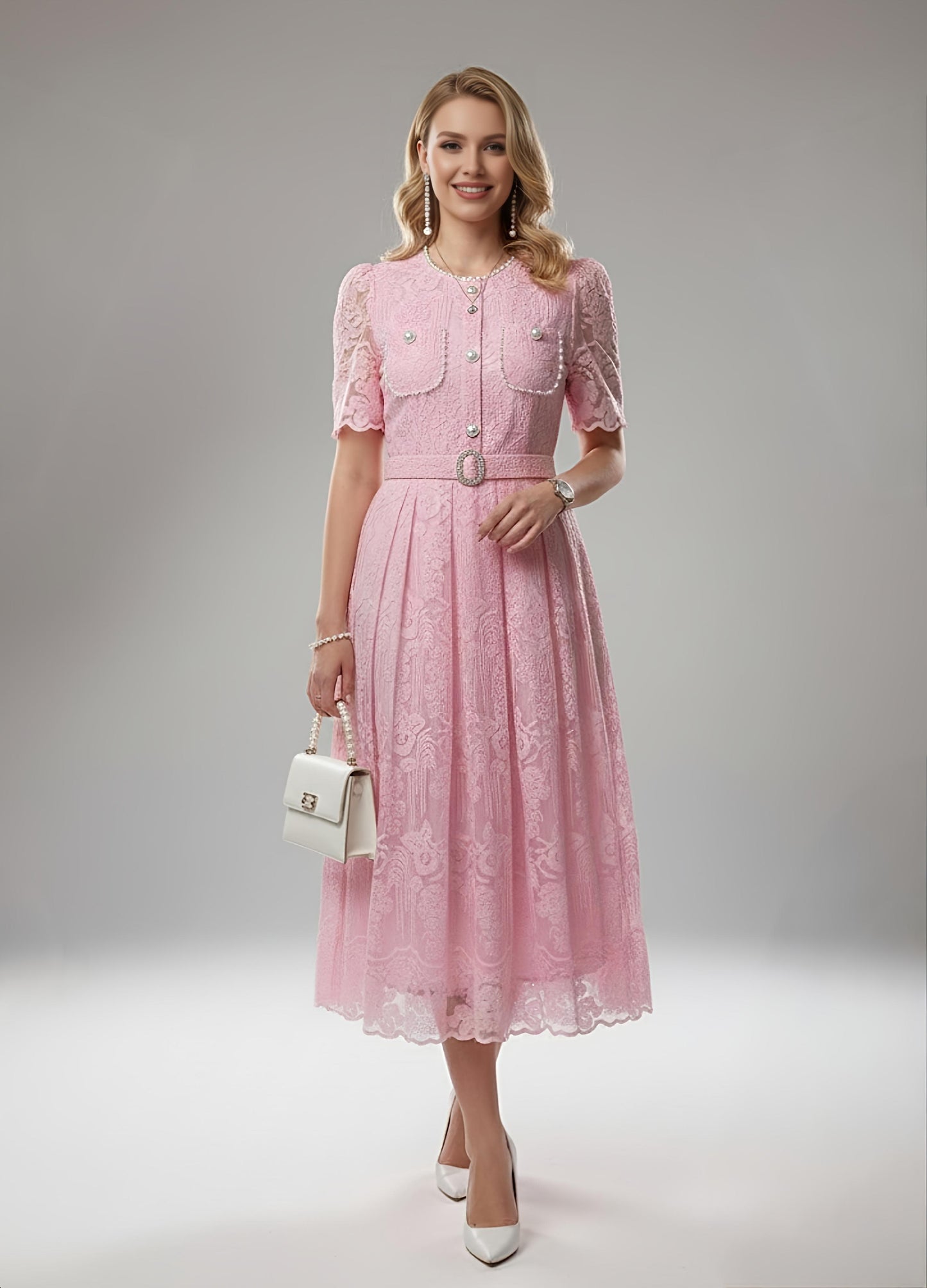 Fabulous Floral Crochet Hollow Out Pink Party Dress - Ships in 24 Hrs